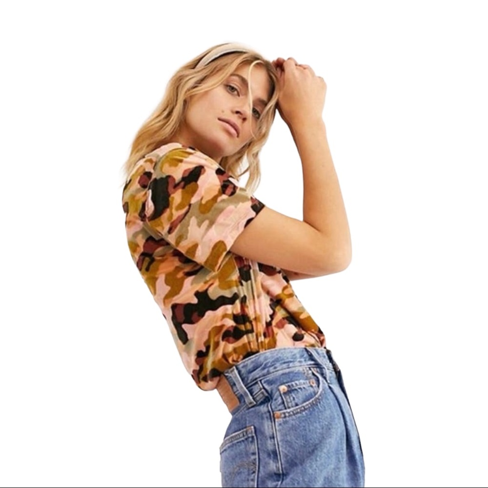 Free People Top Teddy Camo Velvet Burnout Tee Small